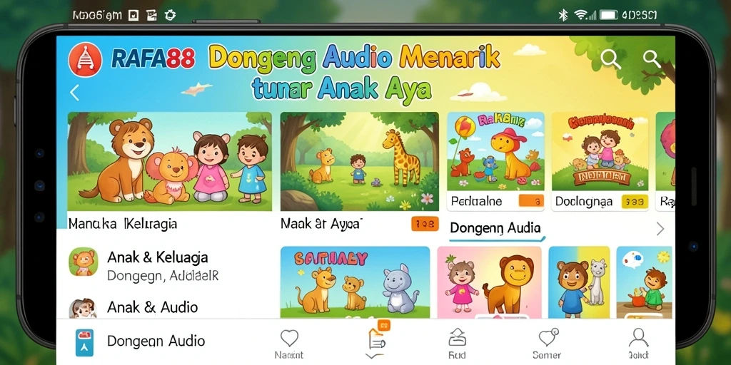 Tampilan antarmuka menarik dari aplikasi RAFA88 dengan koleksi dongeng audio.